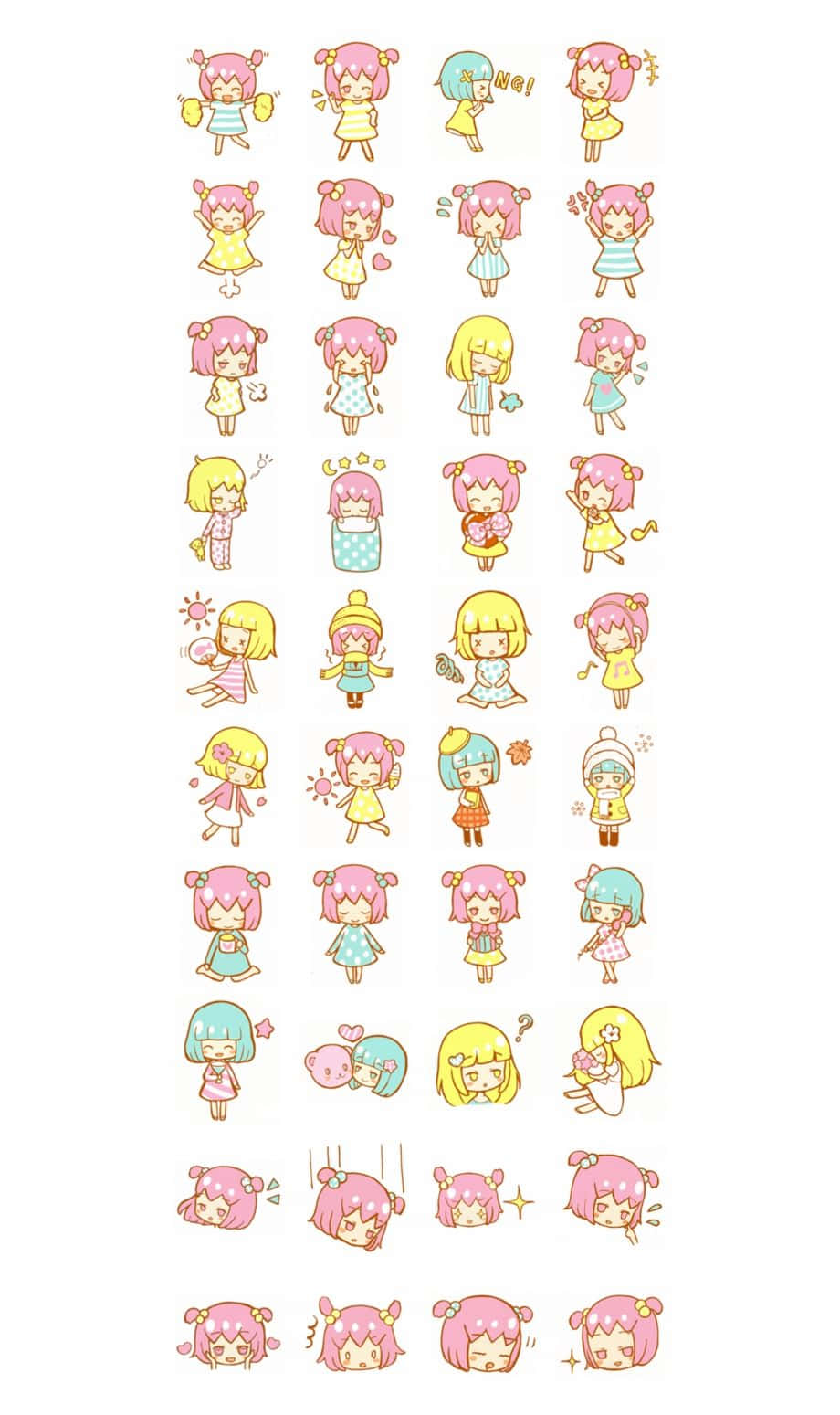 Aesthetic Pink Kawaii 桌布 壁紙 — 一個可愛動漫風格貼紙網格，展示粉紅色頭髮的女孩在各種俏皮姿勢和表情中。