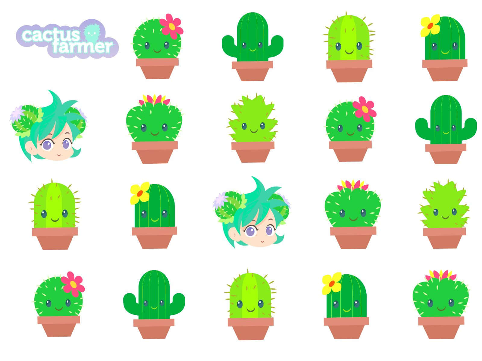 Kawaii Cactus 桌布 壁紙 — 一個可愛卡通仙人掌的網格，有微笑的臉和彩色花朵在陶盆中，穿插著一個有綠色頭髮和仙人掌主題配飾的角色。