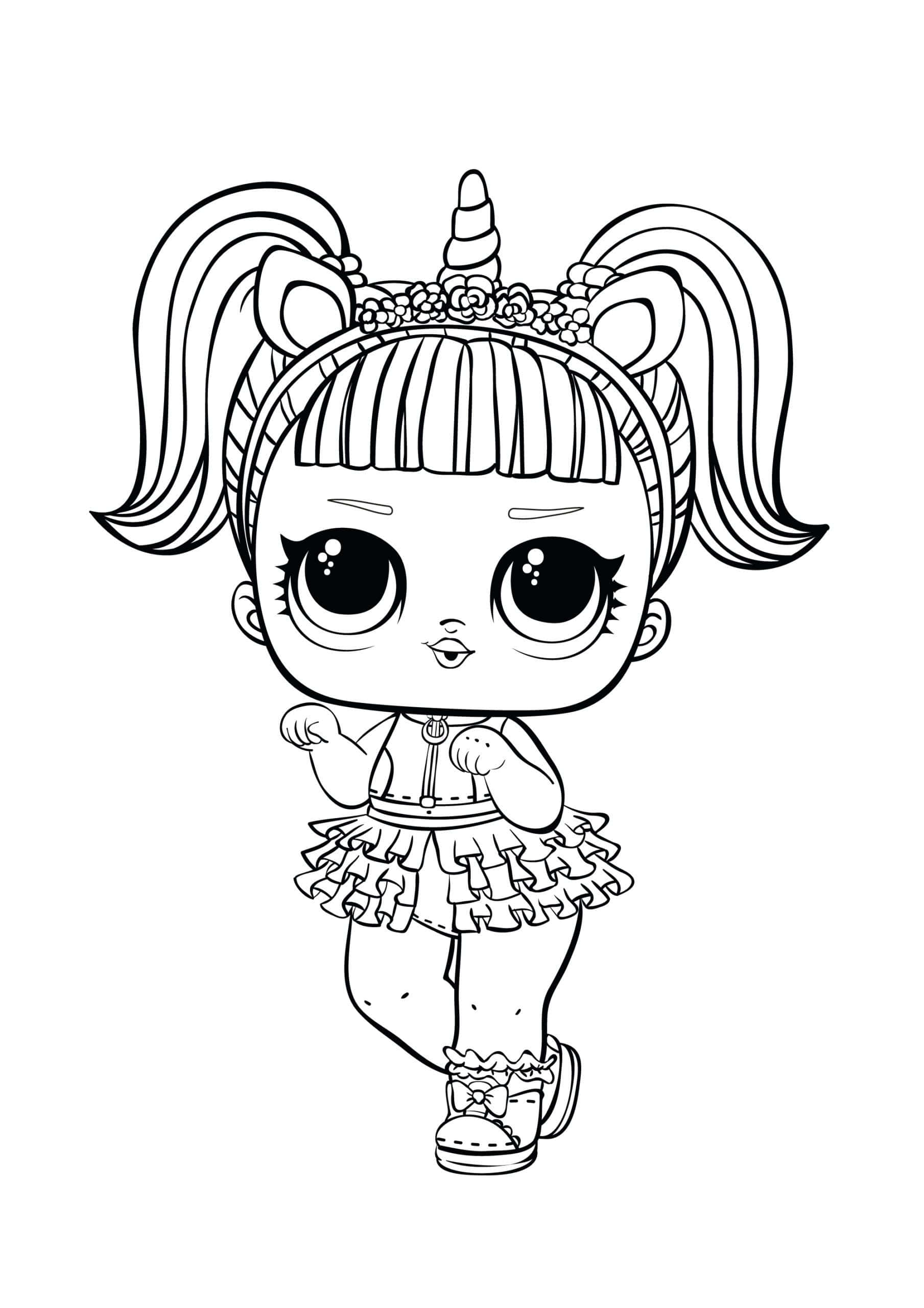 coloring 桌布 壁紙 — 一個可愛卡通女孩的黑色線條插圖，她紮著雙馬尾，戴著獨角獸角頭帶。