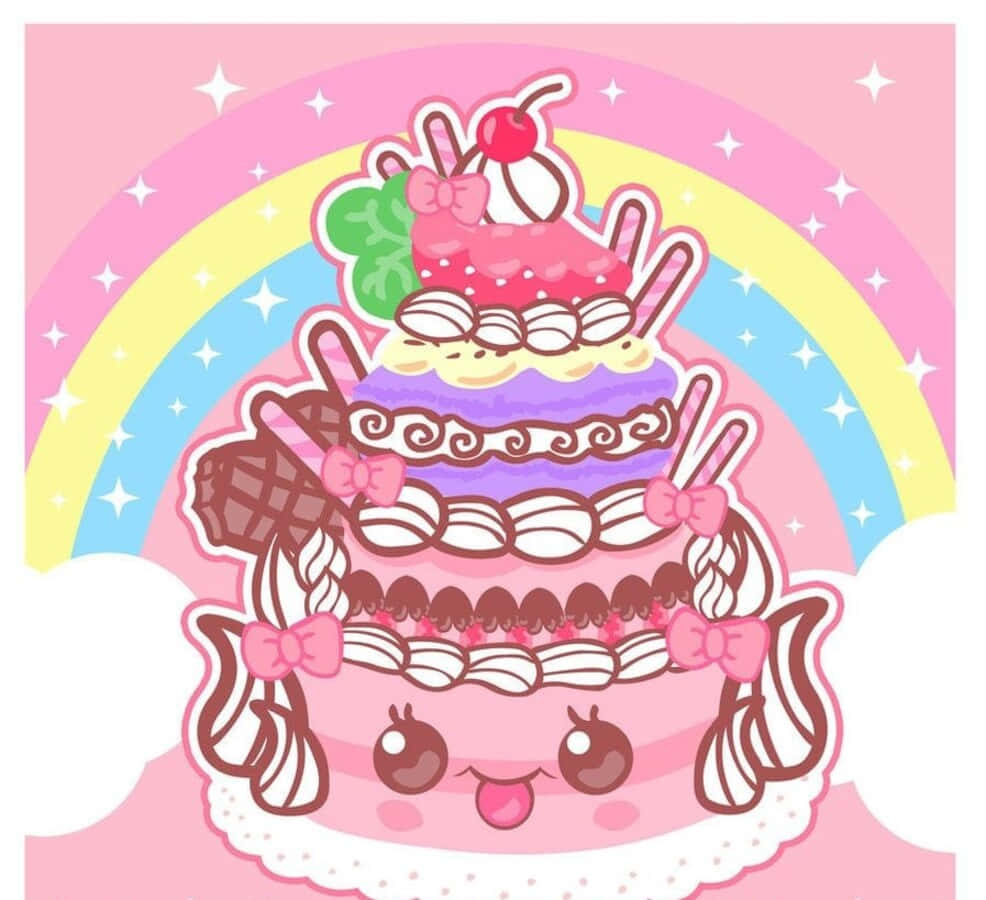 Kawaii Dessert 桌布 壁紙 — 一個可愛卡通蛋糕，帶有粉紅色蝴蝶結和彩虹背景閃光。