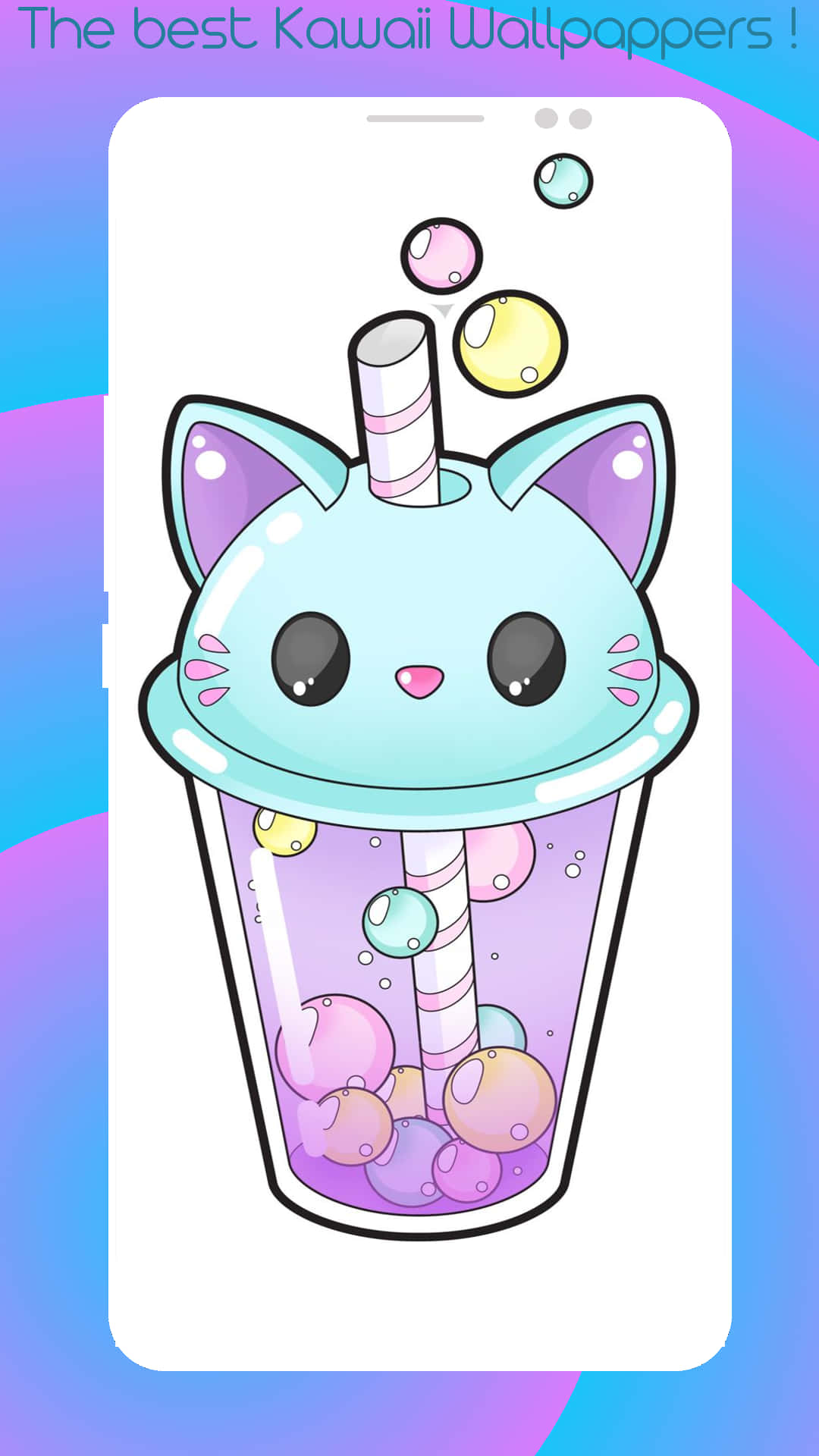 桌布 壁紙 — 一個可愛卡通貓臉，有耳朵和鬍鬚，坐在裝滿彩色波霸珍珠和條紋吸管的泡泡茶杯上。