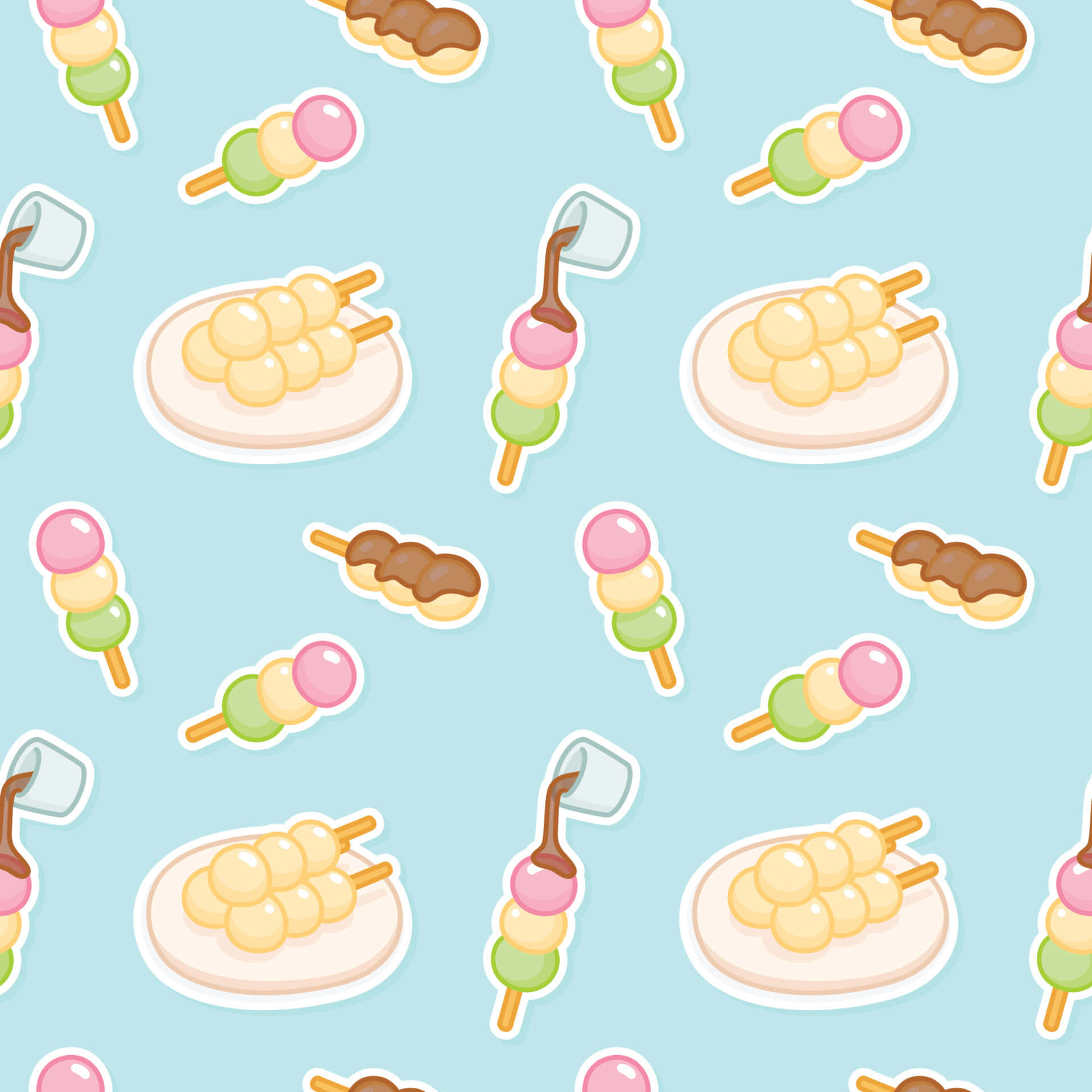 Kawaii Japanese Food 桌布 壁紙 — 一個可愛卡通風格日本街頭小吃（如章魚燒和團子）在淺藍色背景上的重複圖案。