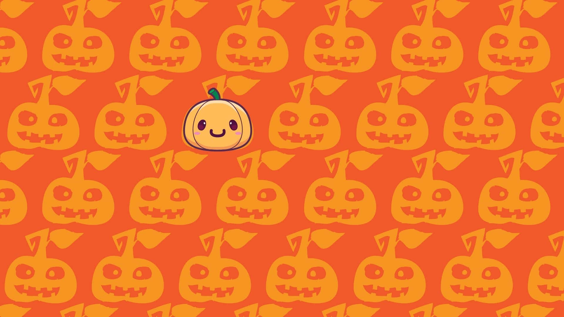 Cute Pumpkin 桌布 壁紙 — 一個可愛微笑的南瓜，帶有綠色莖，在橙色背景上重複的恐怖傑克南瓜燈圖案中脫穎而出。