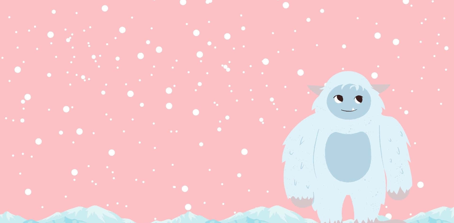 Cute Winter 桌布 壁紙 — 一個可愛毛茸茸的藍色雪人站在雪景中微笑，背景是柔和的粉紅色天空，雪花飄落。