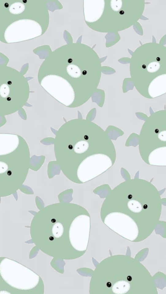 可愛綠色卡通海洋生物重複圖案，白色肚皮。 — Squishmallows 壁紙