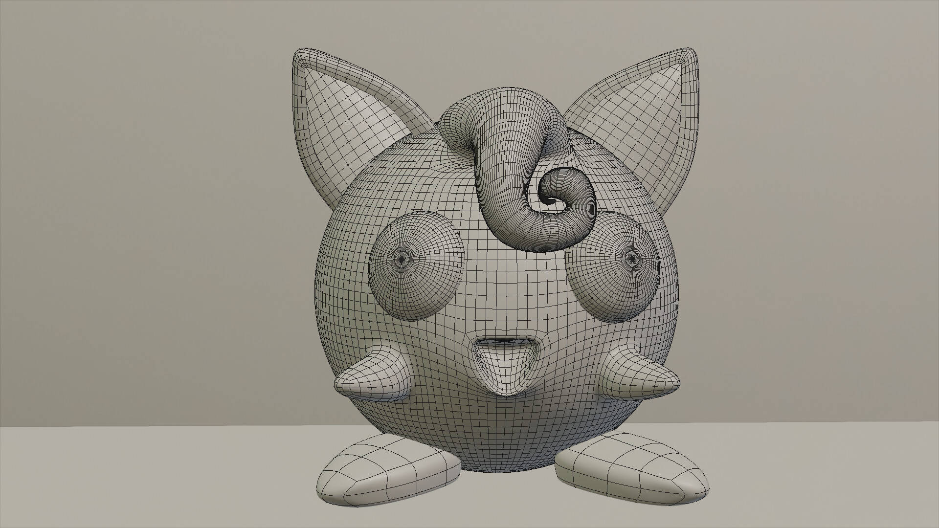Jigglypuff 桌布 壁紙 — 一個可愛生物的線框3D模型，有螺旋尾巴、貓耳朵和微笑的臉。