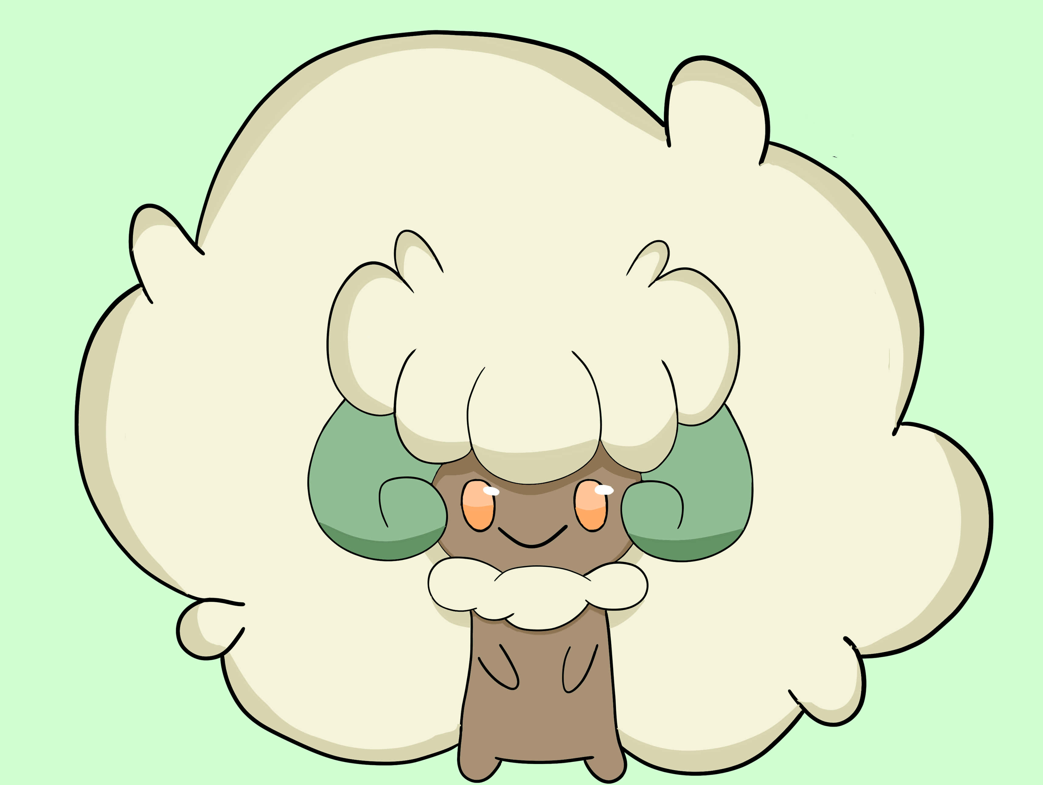 Whimsicott 桌布 壁紙 — 一個可愛的 fluffy 雲狀生物，有綠色葉子耳朵和橙色眼睛，在柔和的薄荷色背景上微笑。