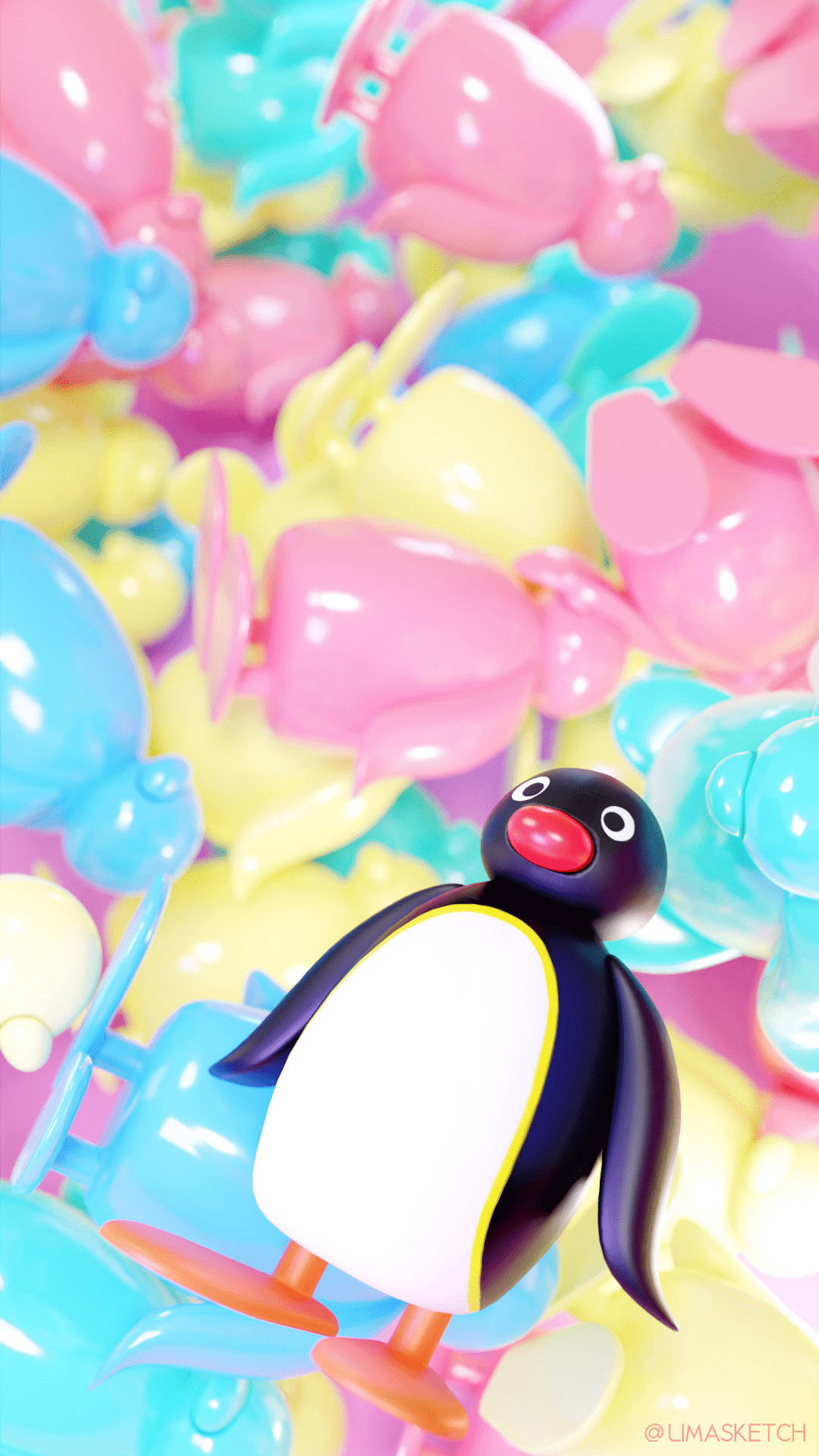 Pingu 桌布 壁紙 — 一個可愛的3D企鵝玩具漂浮在色彩繽紛的粉彩氣球之間，營造出俏皮夢幻的場景。
