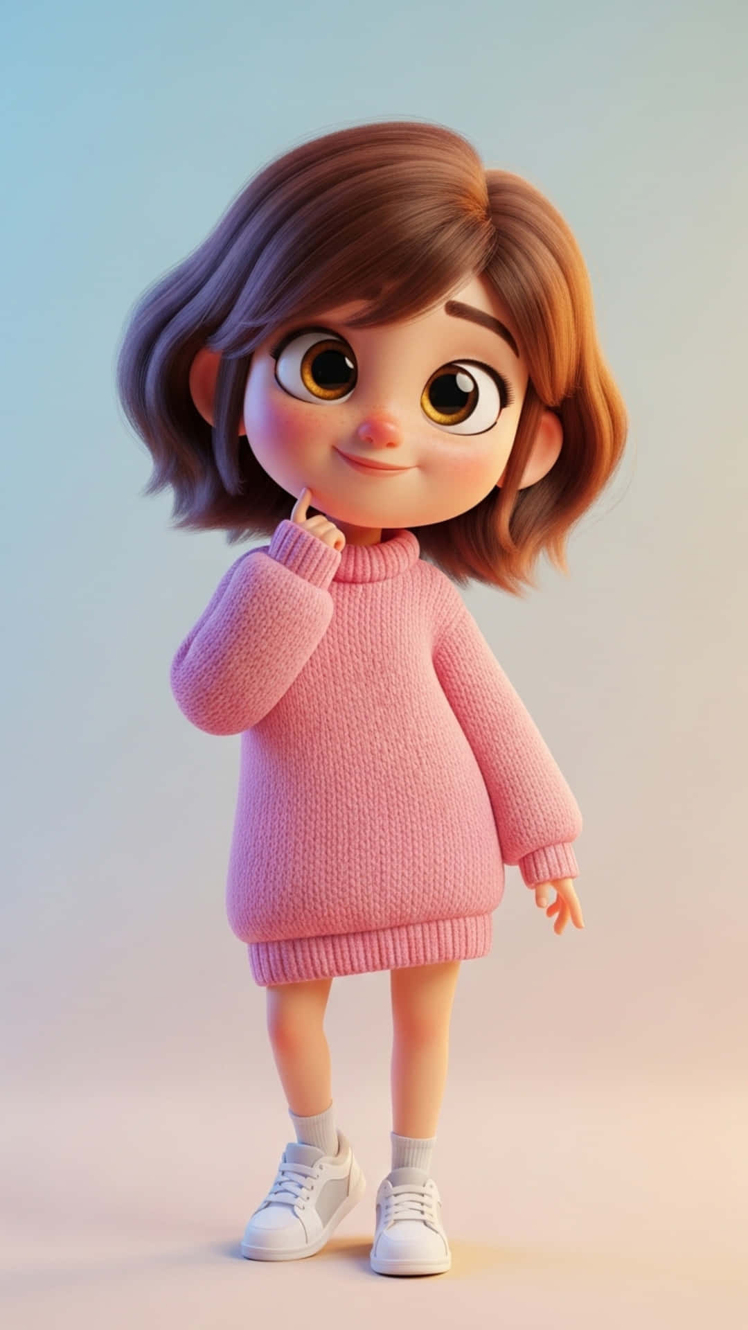 Cute 3D Cartoon Girl in Cozy Sweater, Pastel Background 壁紙 — 一個可愛的3D動畫女孩，棕色頭髮，大眼睛，穿著粉紅色毛衣連衣裙和白色運動鞋，若有所思地微笑。