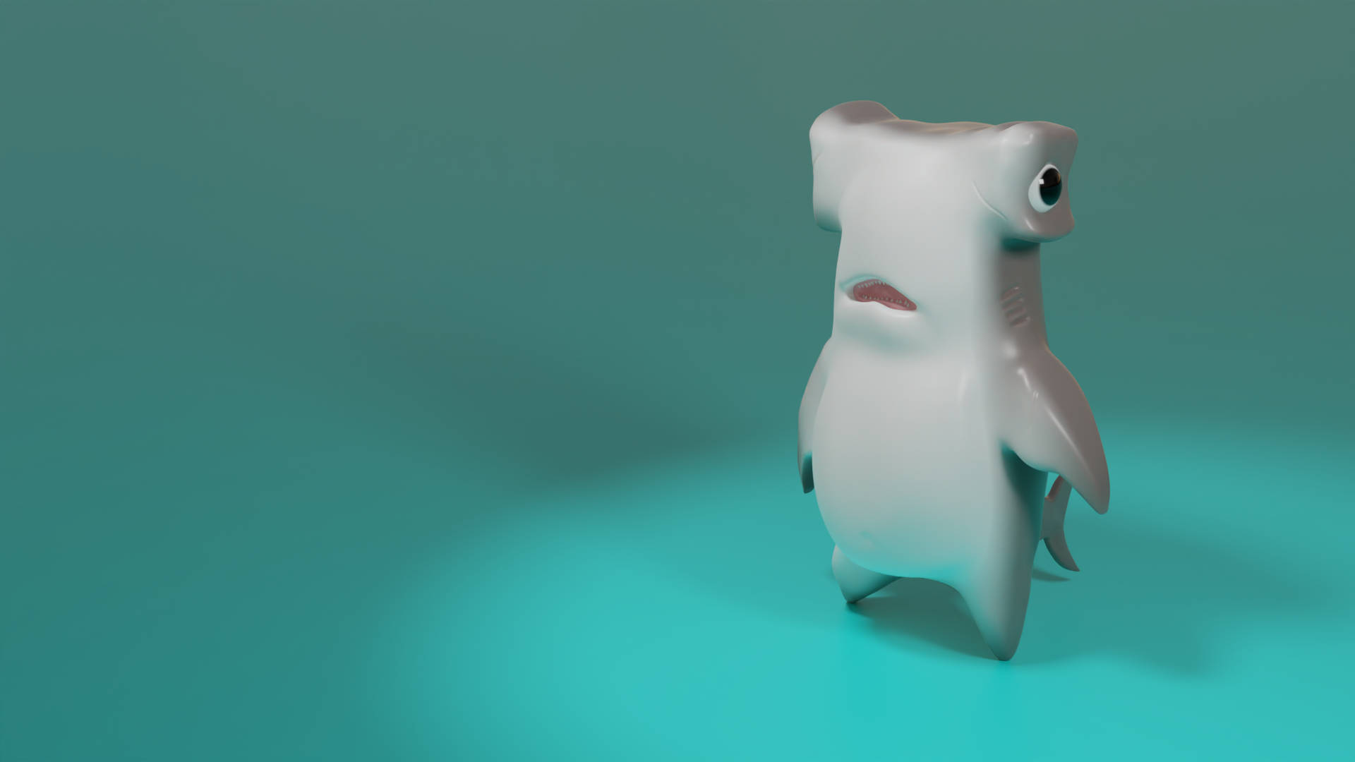 Turquoise 桌布 壁紙 — 一個可愛的3D渲染卡通雙髻鯊直立站在帶有柔和照明的青綠色漸變背景上。