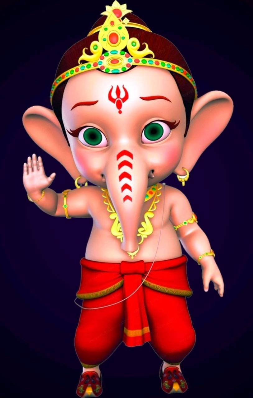 Cartoon 桌布 壁紙 — 一個可愛的3D渲染嬰兒象頭神，綠色眼睛，紅色衣服，在深紫色背景上愉快地揮手。
