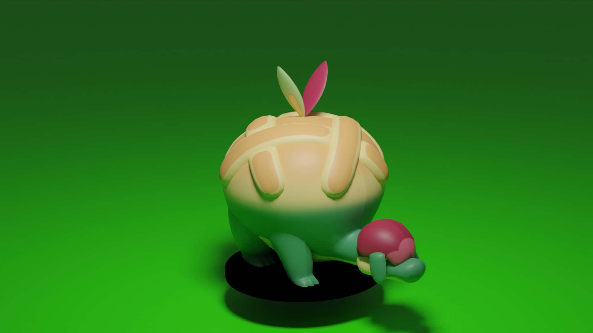 Pokemon Landscape 桌布 壁紙 — 一個可愛的3D渲染烏龜公仔，帶有桃子般的殼和頂部的葉子，站在黑色底座上，背景是充滿活力的綠色漸變。