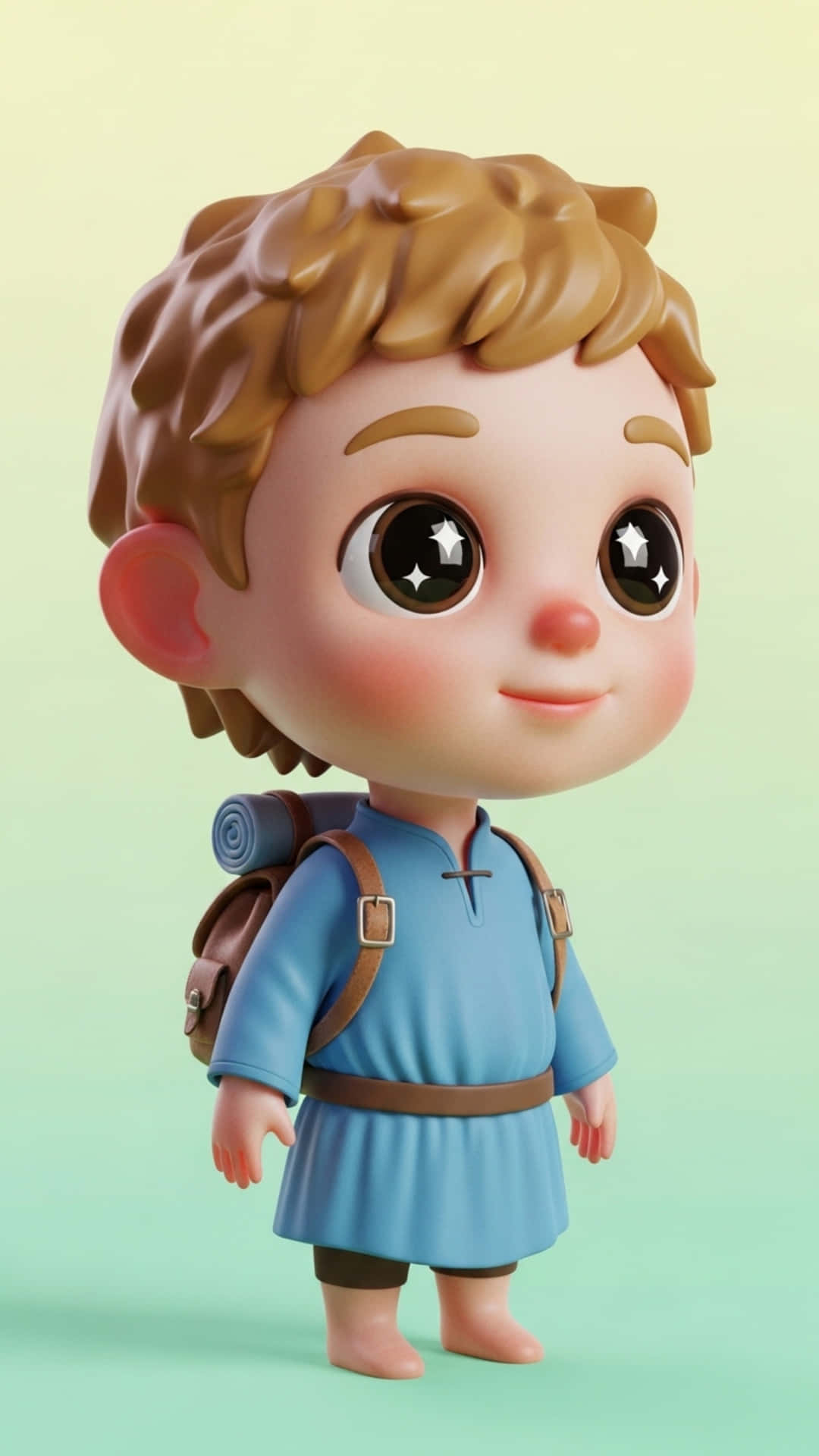 Cute Fantasy-Style 3D Character with Small Backpack, Big Eyes and Soft Smile 壁紙 — 一個可愛的3D渲染男孩，擁有捲曲的棕色頭髮和星星般的眼睛，穿著藍色束腰外衣，背著背包，背景是柔和的漸變色。