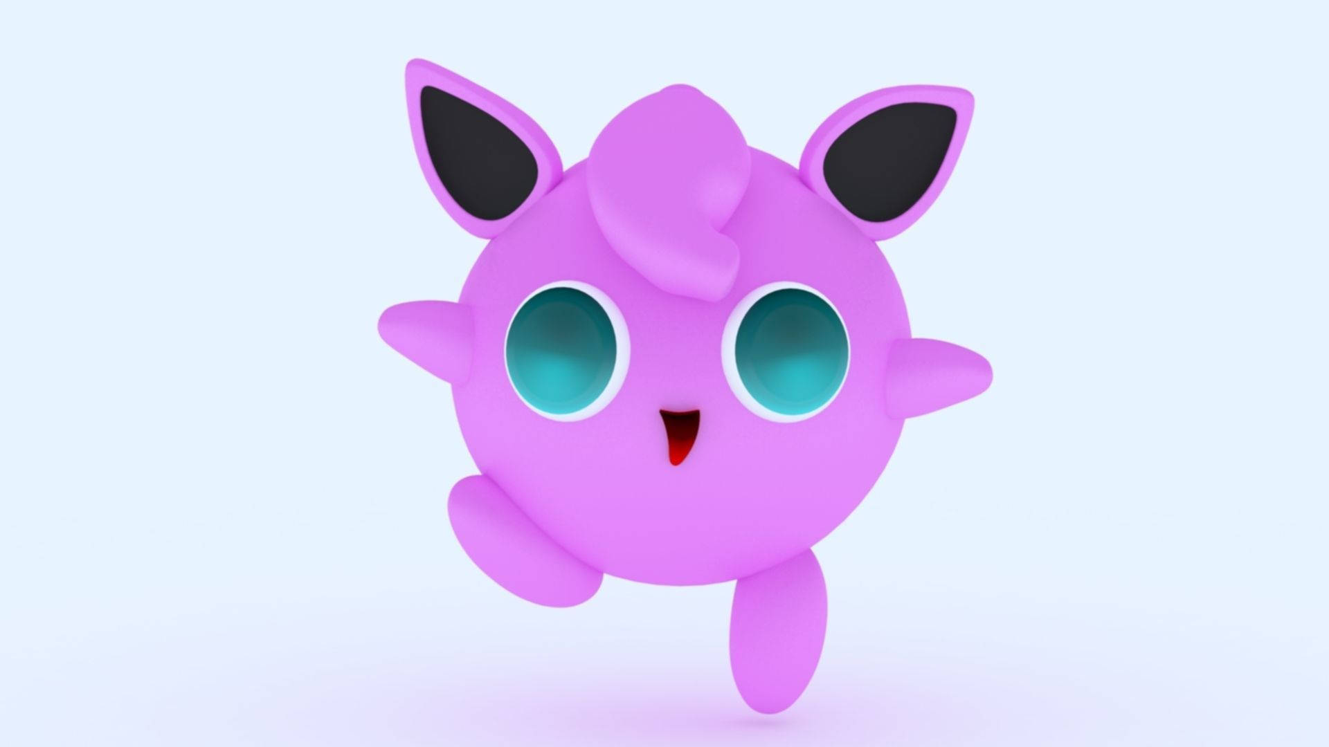 Jigglypuff 桌布 壁紙 — 一個可愛的3D渲染粉紅色Jigglypuff，有大大的藍綠色眼睛和黑色耳尖，漂浮在柔和的淺藍色背景上。