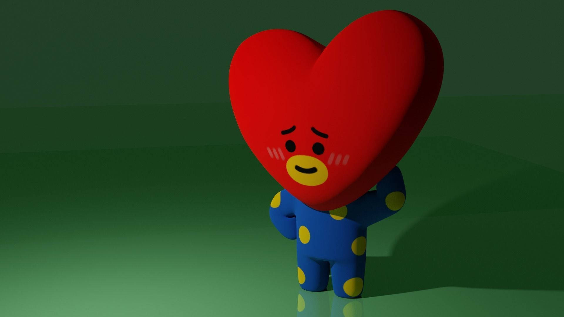 塔塔 BT21 桌布 壁紙 — 一個可愛的3D渲染角色，擁有紅色心形頭部和藍色波點身體，站在綠色漸變工作室中。