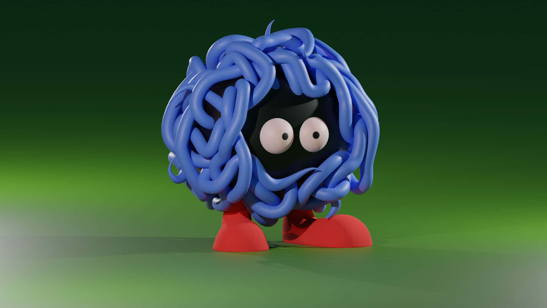 Digital 桌布 壁紙 — 一個可愛的3D渲染角色，擁有藍色麵條狀頭髮和紅色腳，站在綠色漸變背景前。