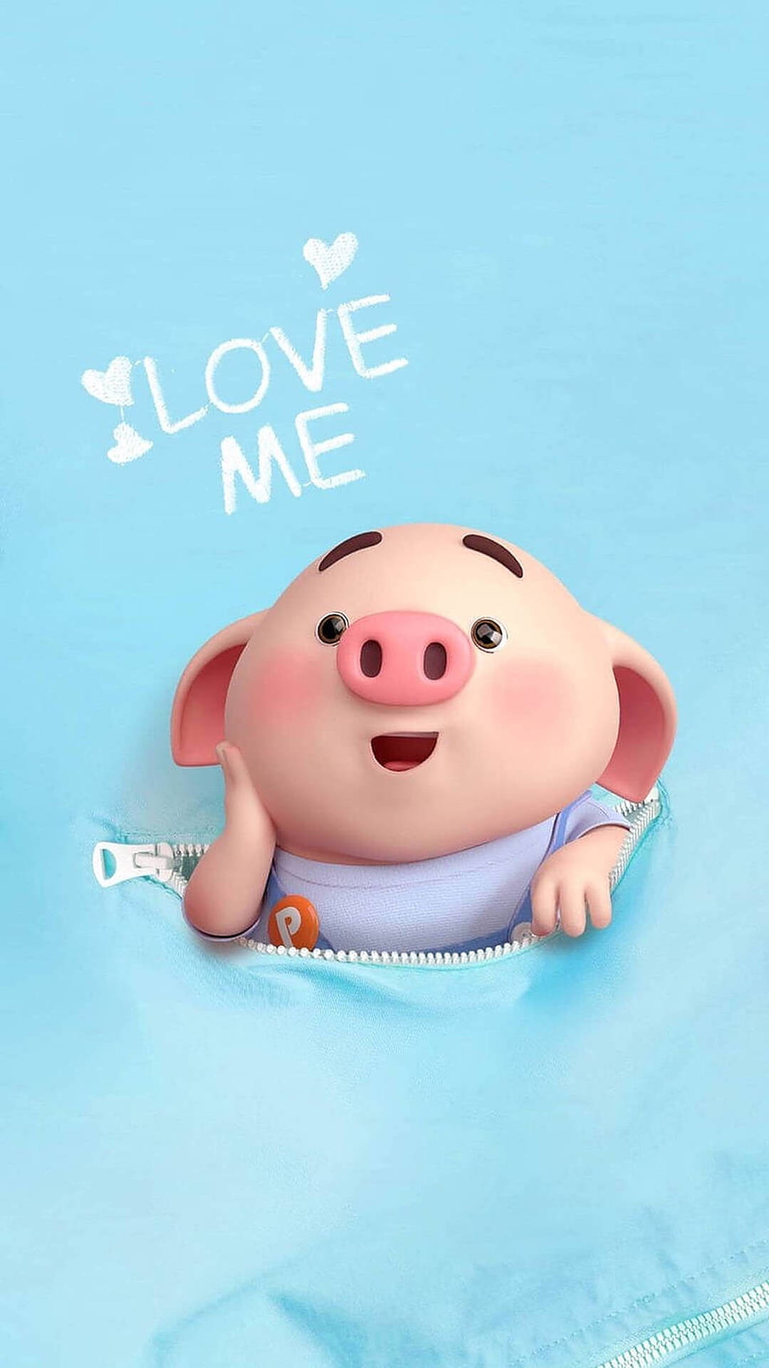 一隻穿著藍色襯衫的微笑卡通豬從帶有「LOVE ME」文字的拉鍊中探出頭來。 — 可愛豬豬 GIF 壁紙