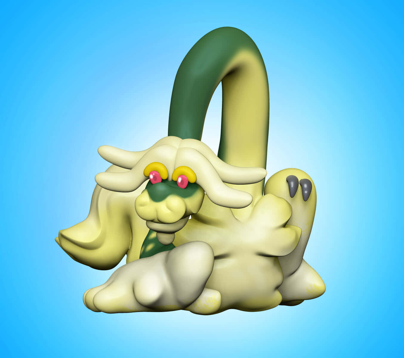 寶可夢 桌布 壁紙 — 一個可愛的3D渲染黃色生物，有綠色尾巴和粉紅色眼睛，坐在柔和的藍色漸變背景前。