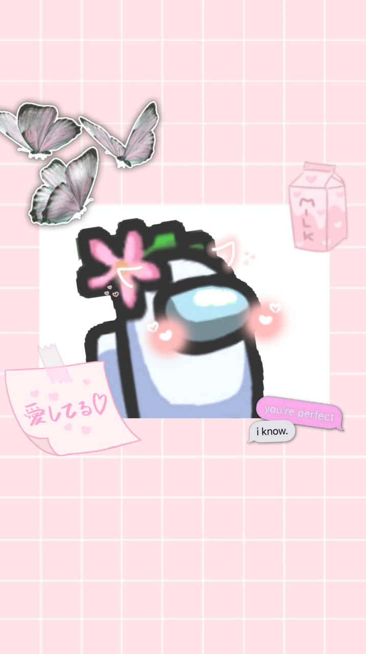美學 在我們之間 桌布 壁紙 — 一個可愛的Among Us角色，帶著粉紅色的花和心形，被蝴蝶和牛奶盒包圍，在粉紅色的格子背景上。