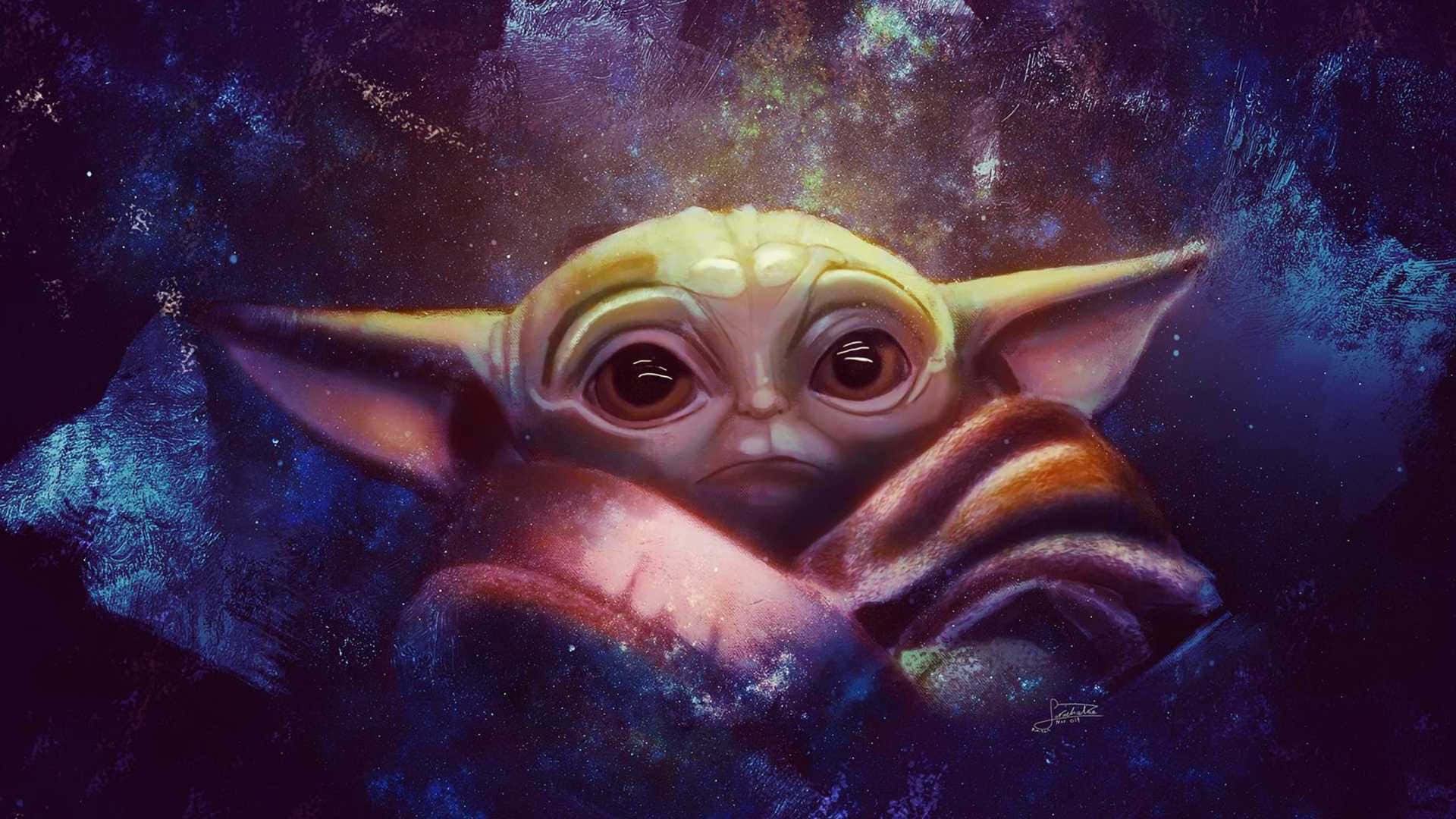 Blanket 桌布 壁紙 — 一個可愛的Baby Yoda披著斗篷，用大眼睛凝視著宇宙星空背景。