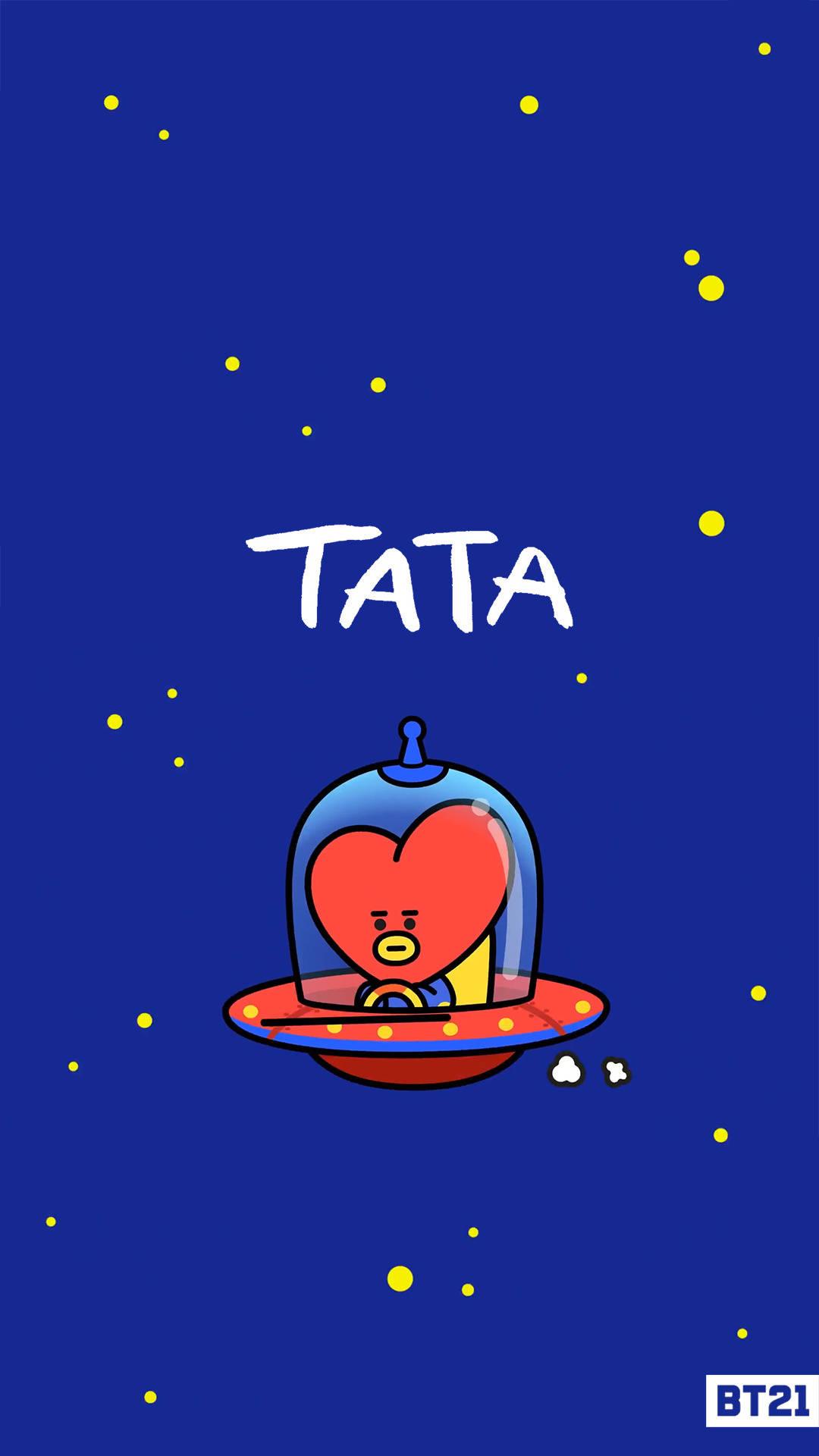 塔塔 BT21 桌布 壁紙 — 一個可愛的BT21角色，頭部呈心形，坐在紅色UFO中，背景是繁星點點的藍色夜空，上方漂浮著TATA字樣。