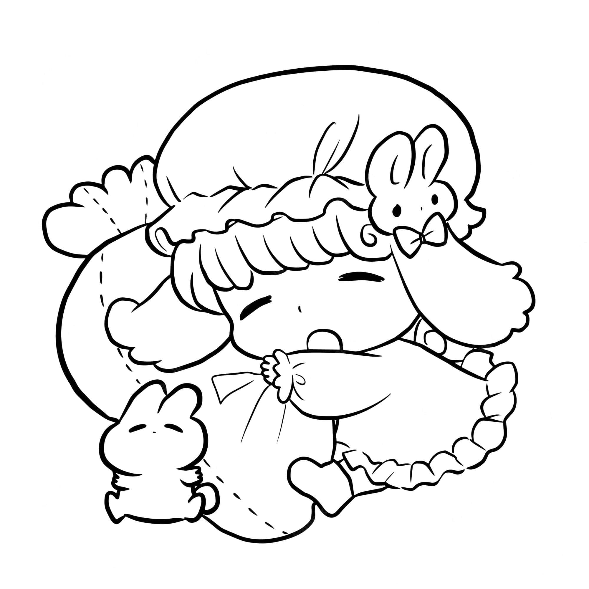 Cartoon Drawing 桌布 壁紙 — 一個可愛的chibi女孩有兔子耳朵和蝴蝶結，抱著一個小兔子玩偶安詳地睡覺。