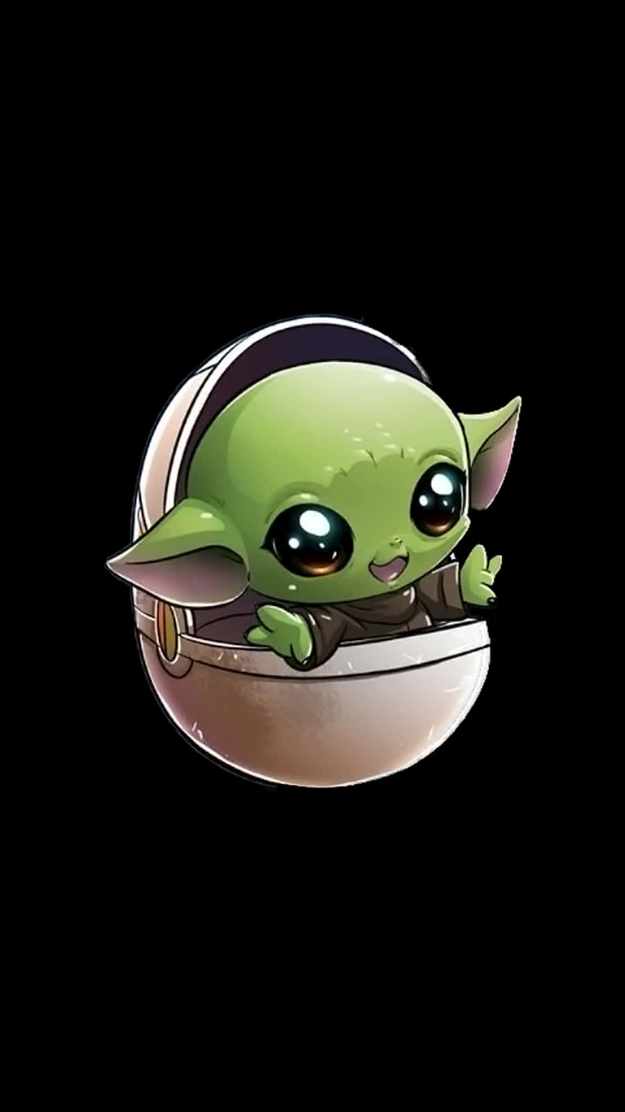 Baby Yoda Phone 桌布 壁紙 — 一個可愛的Q版Grogu從圓形容器中探出頭來，大眼睛閃閃發亮，背景為黑色。