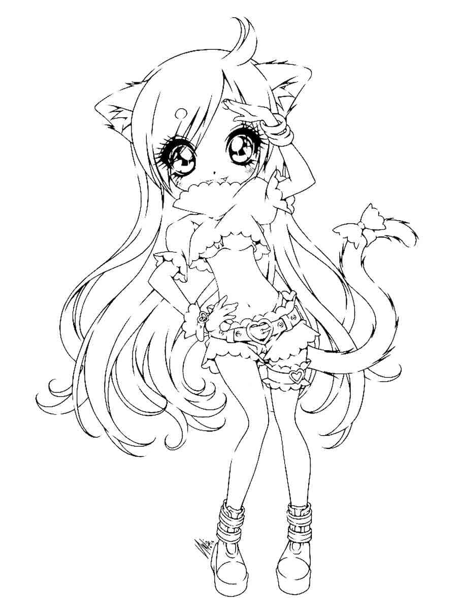 Aphmau 桌布 壁紙 — 一個可愛的Q版動漫女孩，帶著貓耳和貓尾，以黑白線條風格俏皮地擺姿勢。