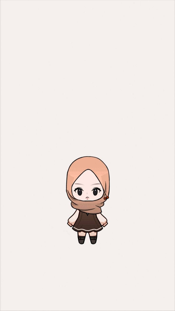 hijab cartoon 桌布 壁紙 — 一個可愛的Q版動漫女孩，戴著桃色頭巾，穿著棕色連衣裙，站在純米色背景中央。