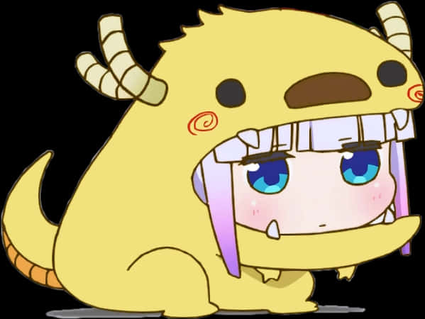 Miss Kobayashis Dragon Maid 桌布 壁紙 — 一個可愛的Q版動漫女孩，紫色頭髮藍色眼睛，從黃色山羊造型服裝中探出頭來，服裝有角和尾巴。