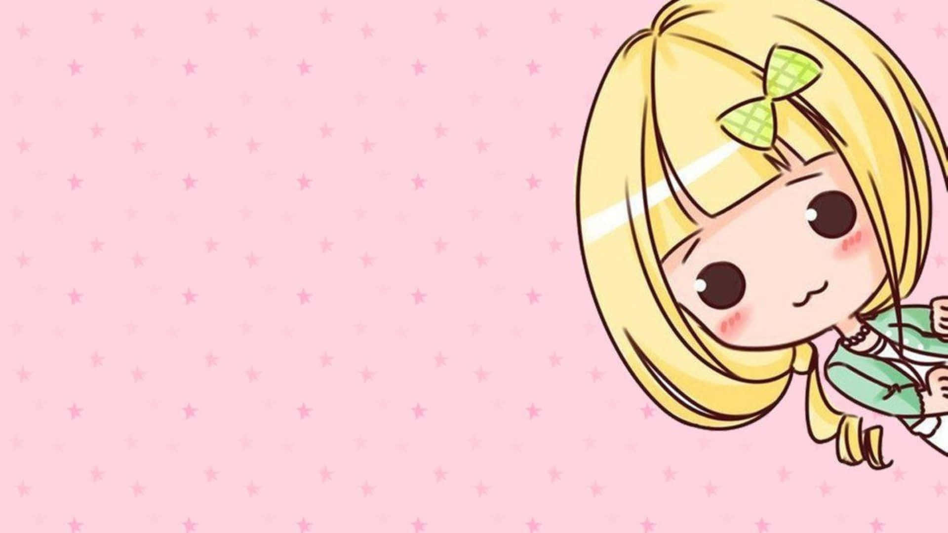 Kawaii Characters 桌布 壁紙 — 一個可愛的Q版動漫女孩，金髮和綠色蝴蝶結，從右側探出頭來，背景是粉紅色星空。