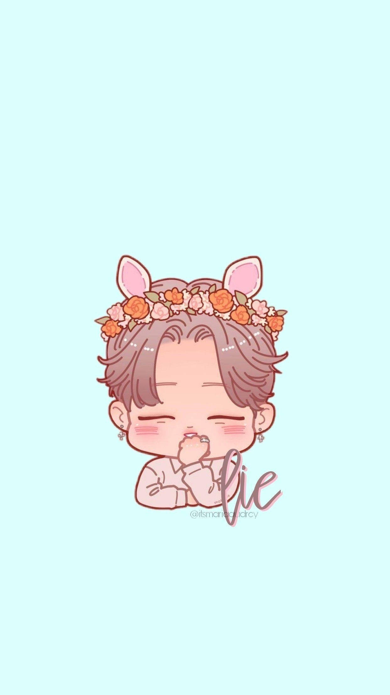 BTS 動漫 桌布 壁紙 — 一個可愛的Q版動漫男孩，戴著兔耳和花冠，在柔和的薄荷色背景前害羞地臉紅。