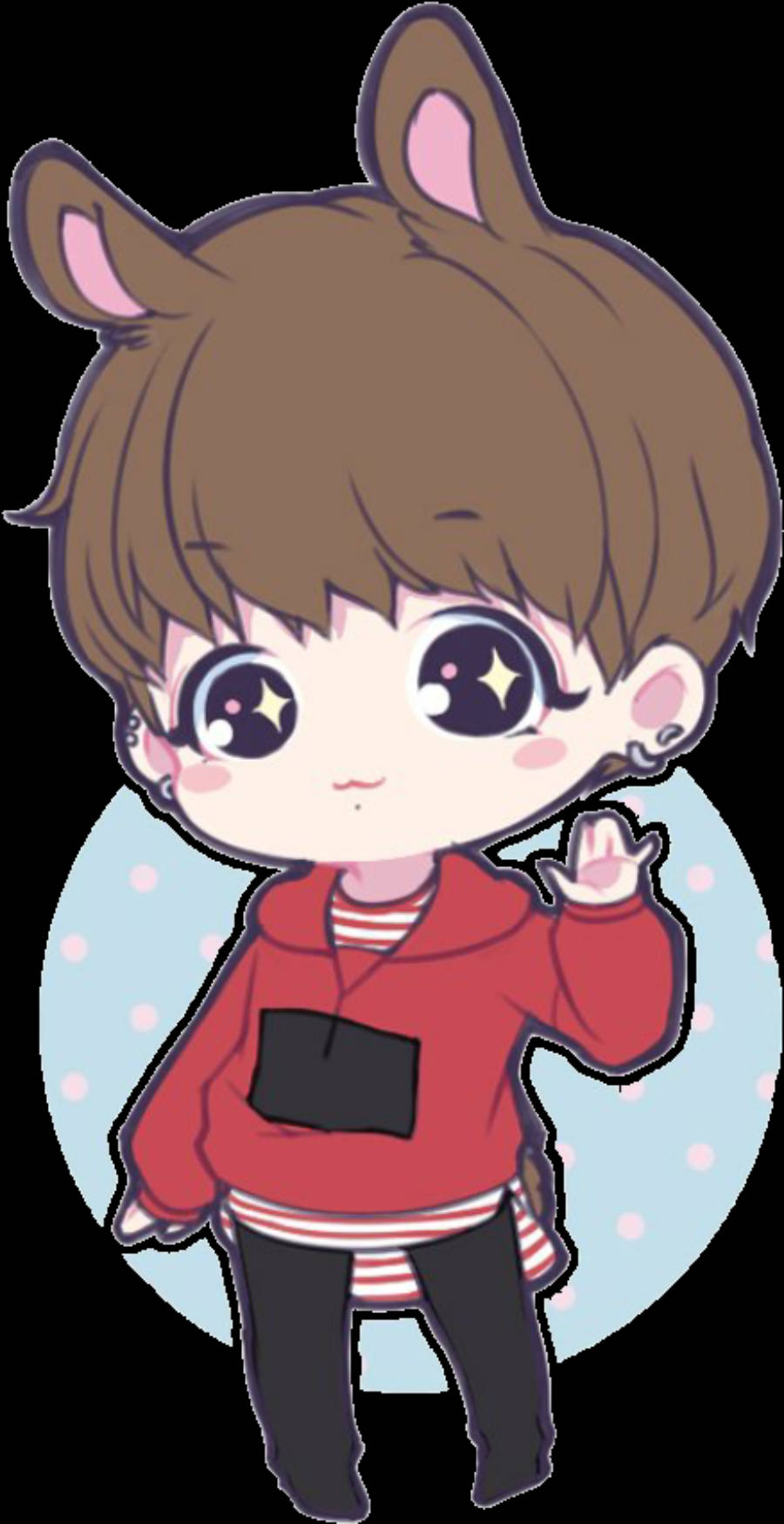 BTS 卡通 桌布 壁紙 — 一個可愛的Q版動漫男孩，棕色頭髮和貓耳，穿著紅色連帽衫，在圓點圓圈背景前開心地揮手。