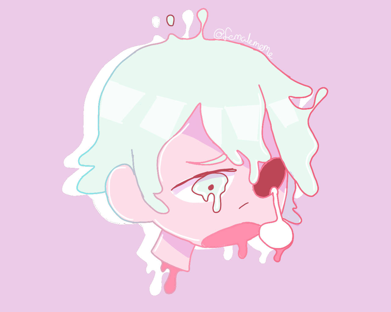Pastel Gore 桌布 壁紙 — 一個可愛的Q版動漫角色，擁有薄荷綠頭髮和粉紅色皮膚，在柔和的粉紅色背景前像冰淇淋一樣融化。