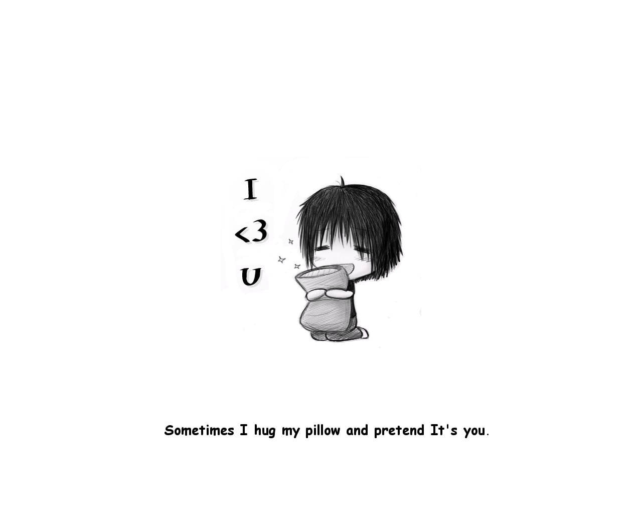 Love Drawings 桌布 壁紙 — 一個可愛的Q版動漫角色抱著枕頭，旁邊有「I <3 U」的文字，傳達甜蜜的思念。
