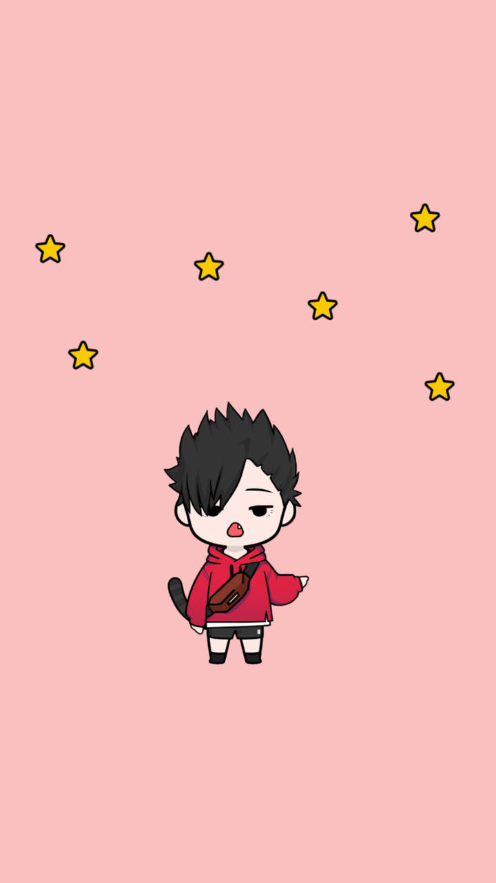 Kuroo 桌布 壁紙 — 一個可愛的Q版動畫男孩穿著紅色連帽衫，站在柔和的粉紅色背景前，散落著黃色星星。
