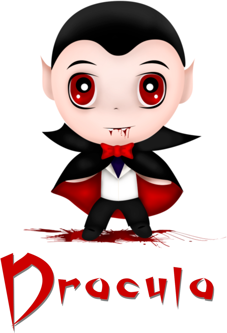 dracula 桌布 壁紙 — 一個可愛的Q版吸血鬼，有紅色眼睛、尖牙和斗篷，站在黑色背景的血跡上。