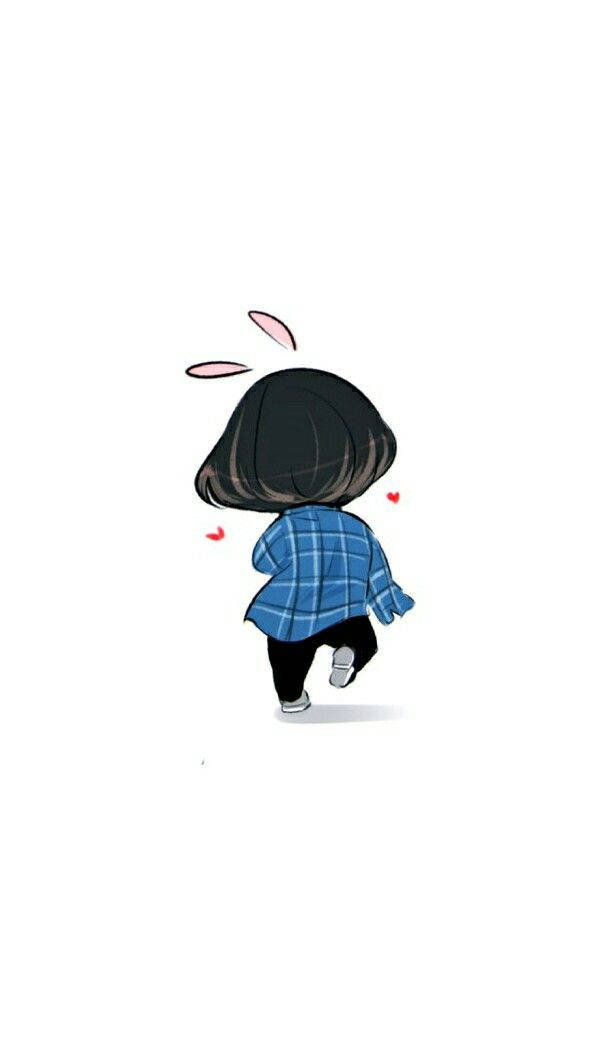 動漫男孩 桌布 壁紙 — 一個可愛的Q版女孩，戴著兔耳朵，穿著藍色格紋襯衫，跑開時留下細小心形。