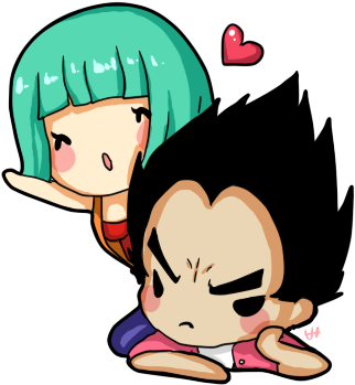 Dragon Ball Z Characters 桌布 壁紙 — 一個可愛的Q版女孩，擁有藍綠色頭髮，頑皮地從一個脾氣暴躁的男孩肩膀後面探出頭來，一個粉紅色的愛心在他們上方漂浮。