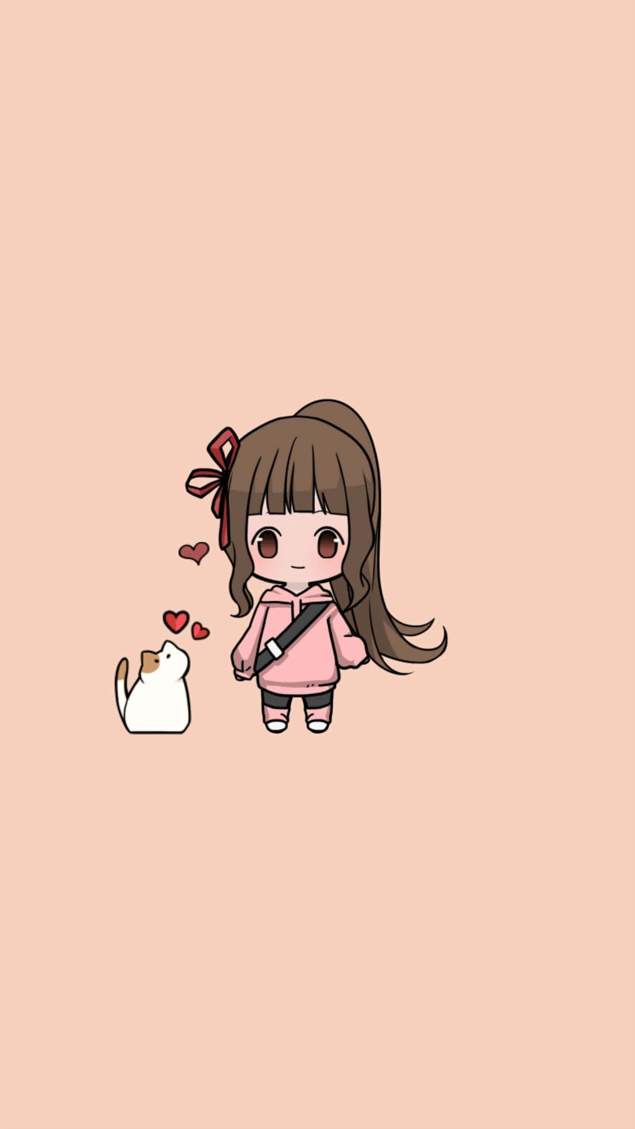 Cute Animated 桌布 壁紙 — 一個可愛的Q版女孩，棕色頭髮，戴著紅色蝴蝶結，站在一隻白貓旁邊，心形在他們上方飄浮，背景是柔和的桃色。