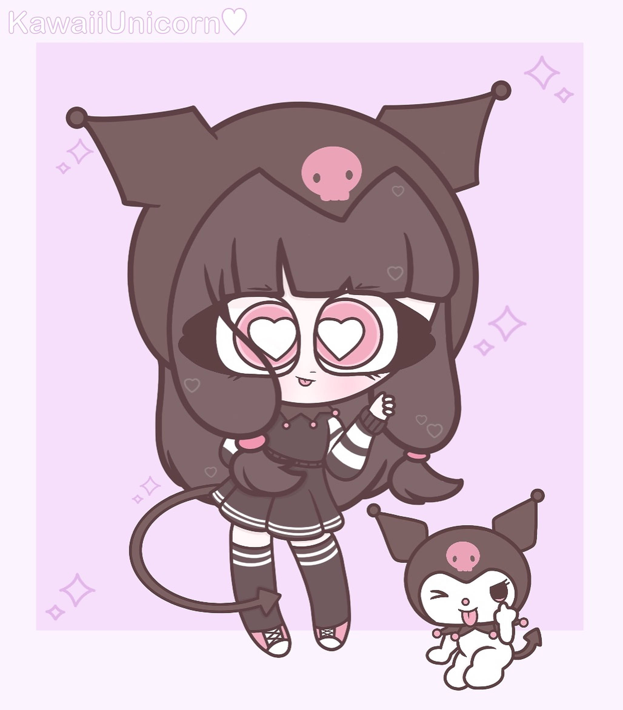 emo 頭像 桌布 壁紙 — 一個可愛的Q版女孩，深色頭髮，戴著心形眼鏡，站在一個較小的白色貓狀生物旁邊，兩者都戴著骷髏主題帽子，背景是柔和的粉紅色。