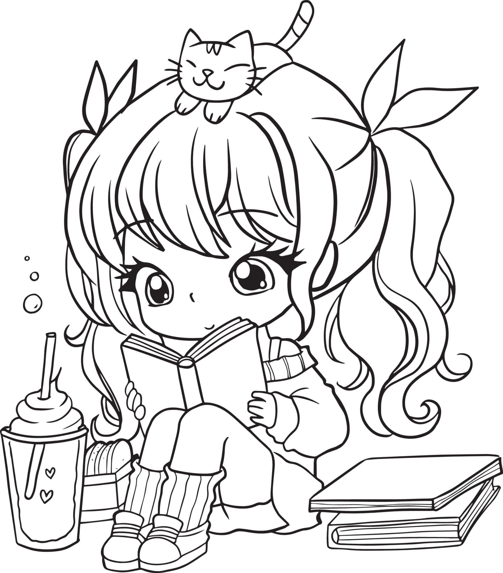 Anime Coloring 桌布 壁紙 — 一個可愛的Q版女孩，頭上頂著一隻貓，在飲料和書籍的環繞下閱讀一本書。