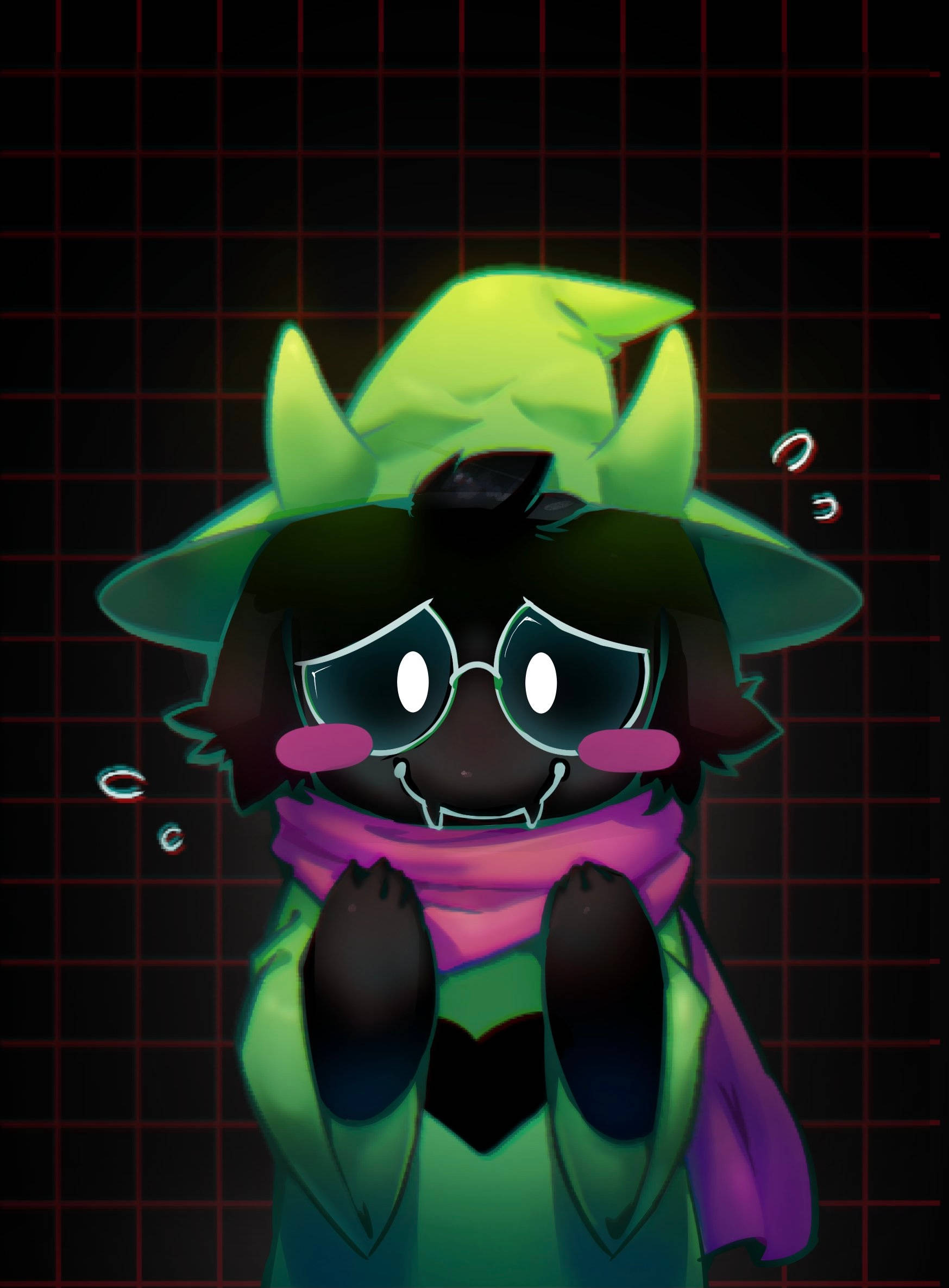 Ralsei 桌布 壁紙 — 一個可愛的Q版女巫，戴著發光的綠色帽子和粉紅色圍巾，站在深紅色網格背景前。