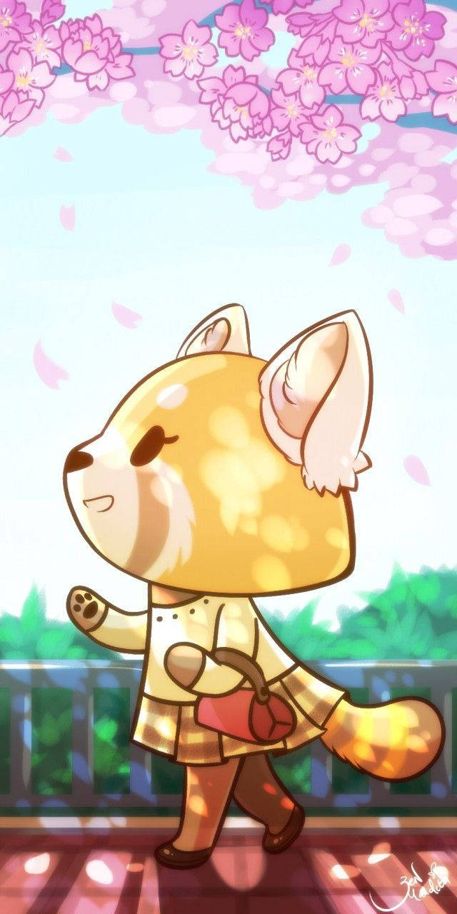 Aggretsuko 桌布 壁紙 — 一個可愛的Q版狐狸角色在陽光明媚的日子裡走在飄落的粉紅色櫻花下。