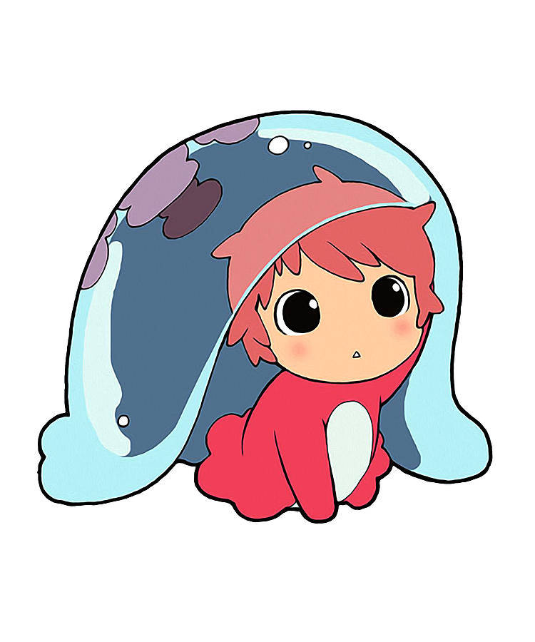 Ponyo 桌布 壁紙 — 一個可愛的Q版紅髮角色，穿著紅色衣服，坐在一個帶有紫色斑點的大型藍色泡泡內。
