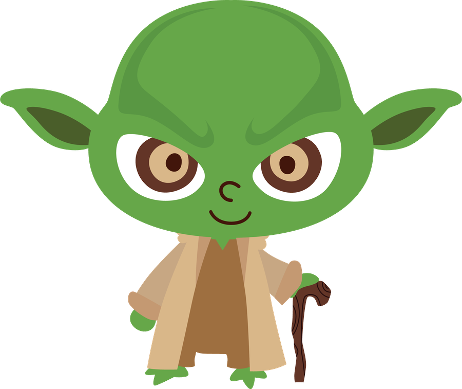 Star Wars Characters 桌布 壁紙 — 一個可愛的Q版綠色尤達，有大眼睛和手杖，站在黑色背景前。