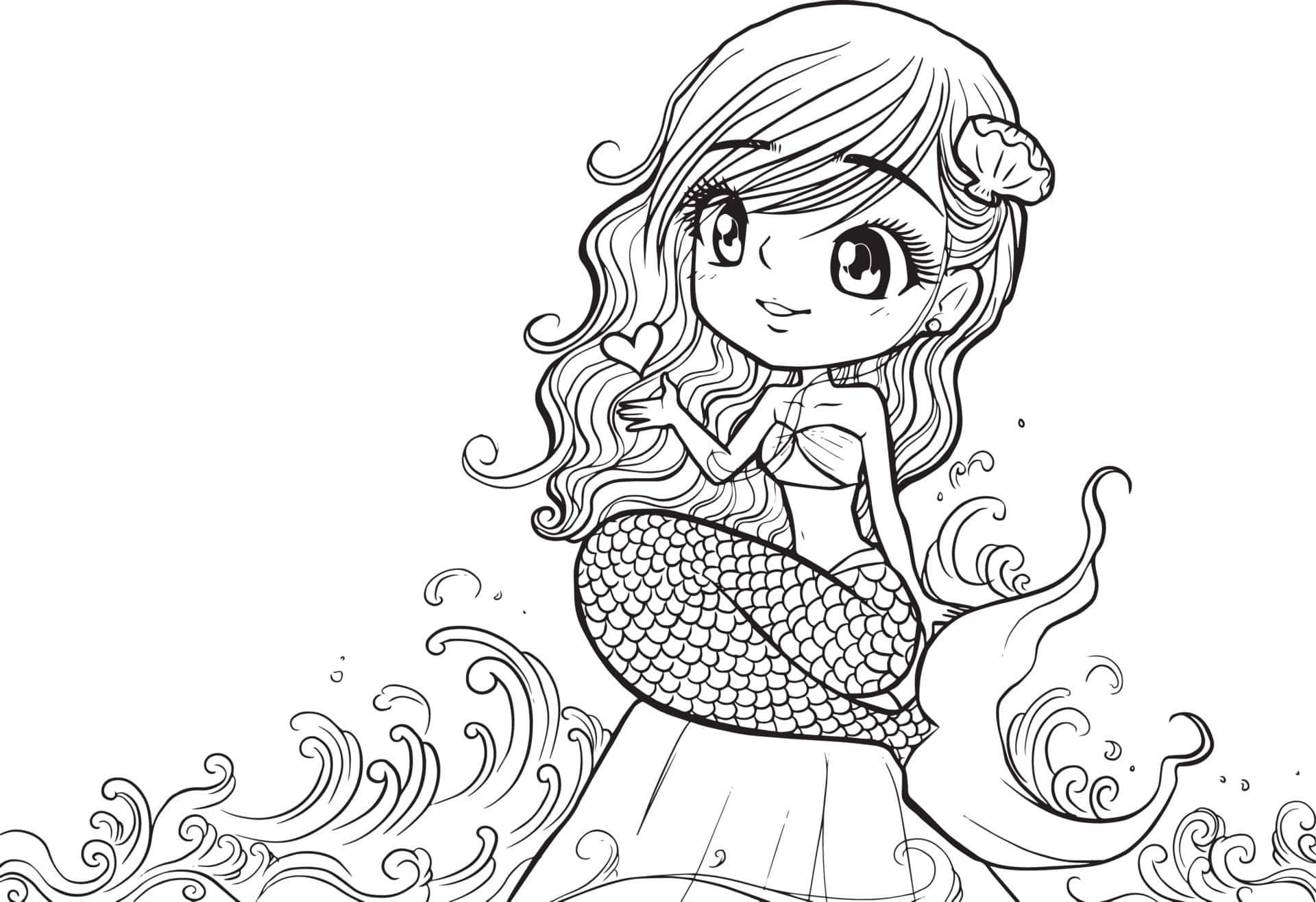 Cartoon Drawing 桌布 壁紙 — 一個可愛的Q版美人魚，長著長長的波浪頭髮和微笑的臉，坐在風格化的海浪上，手持一顆心。