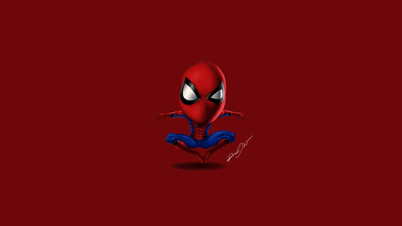 Spiderman 1366x768 桌布 壁紙 — 一個可愛的Q版蜘蛛人（紅藍色）在純深紅色背景前平靜地冥想。
