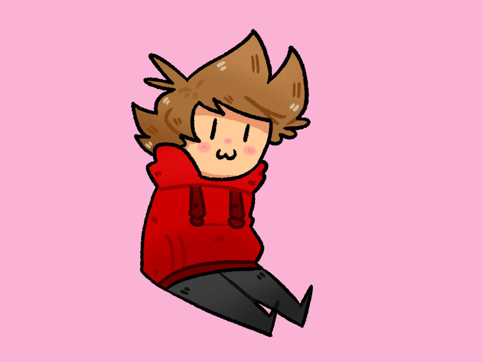 Eddsworld 桌布 壁紙 — 一個可愛的Q版角色，棕色頭髮，穿著紅色連帽衫，坐在柔和的粉紅色背景前。