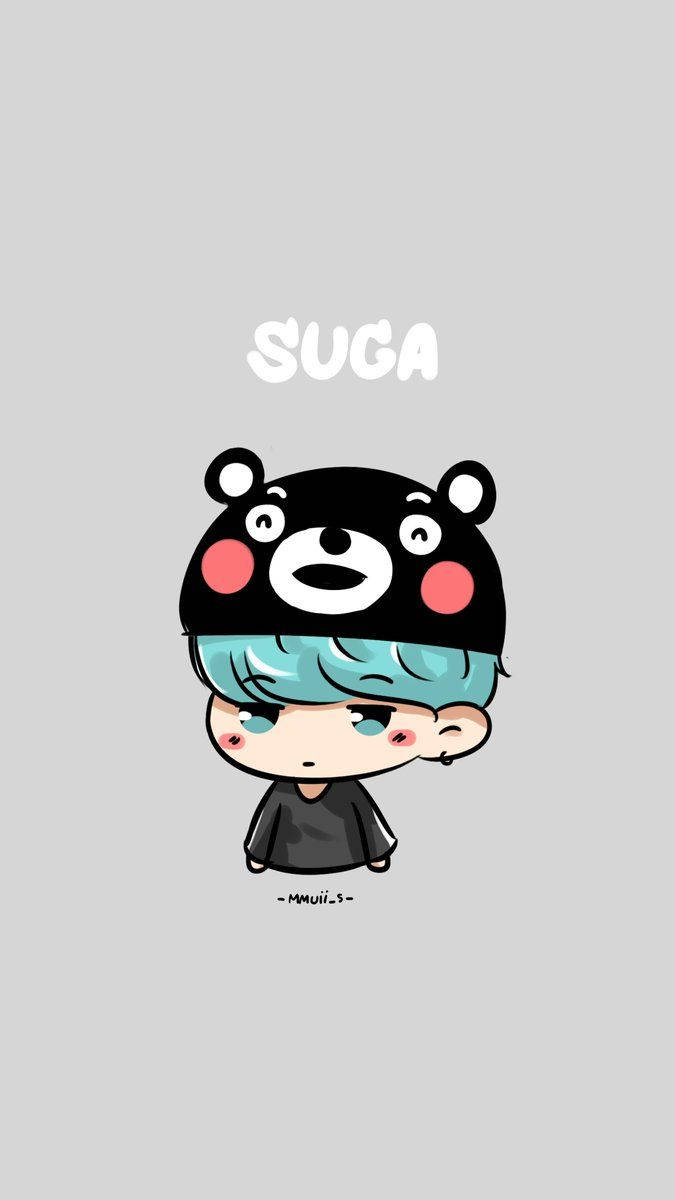 藍色頭髮和熊帽的Q版角色，標有SUGA — BTS 卡通 GIF 壁紙